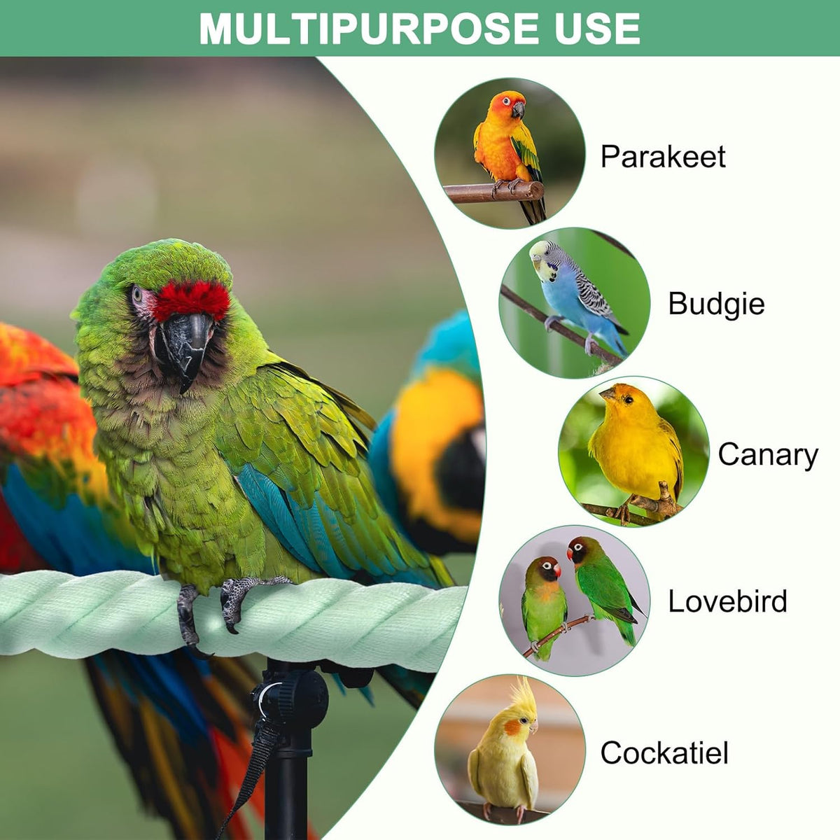 2-Pack Rope Perches for Bird Cages, 31.5 in Length Comfort Grip Flexible Rope Perch Beak & Paw