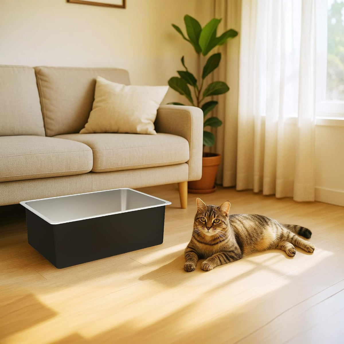 Ohtomber Stainless Steel Litter Box - High Sided Metal Cat Litter Box Pan, Never Absorbs Smell