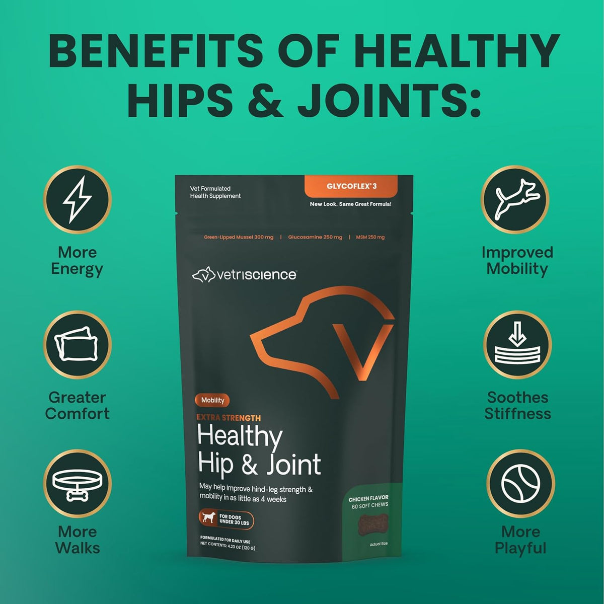 VetriScience Glycoflex 3 Clinically Proven Hip and Joint Support Supplement for Small Dogs