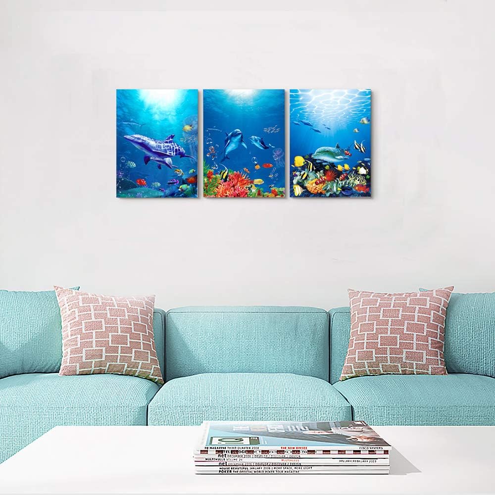 blue ocean fish 3 Pieces Framed Wall Art for Living Room Bathroom Wall Decoration Canvas Print