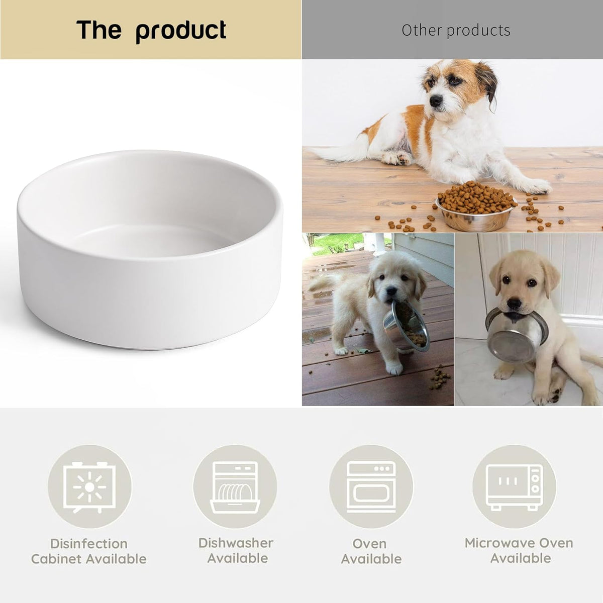 White Ceramic Dog & Cat Bowl Set – 13.5 OZ with Wooden Stand, Non-Slip, Elevated Design for Small