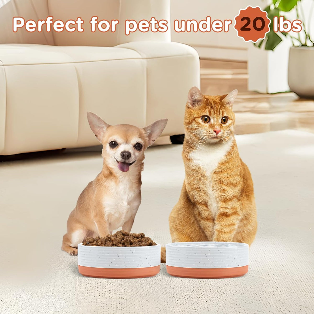 SPUNKYJUNKY Ceramic Dog and Cat Bowls 2 Pack, 5.1'' Dog and Cat Food Water Double Feeding Bowls