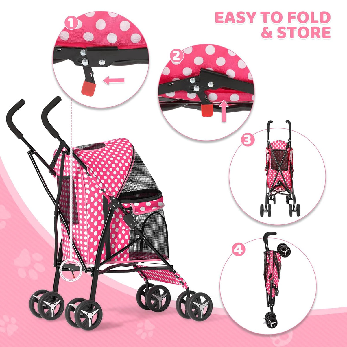 Magshion Compact Pet Stroller for Small-Medium Dogs/Cats up to 22lbs, 4-Wheel Lightweight Umbrella