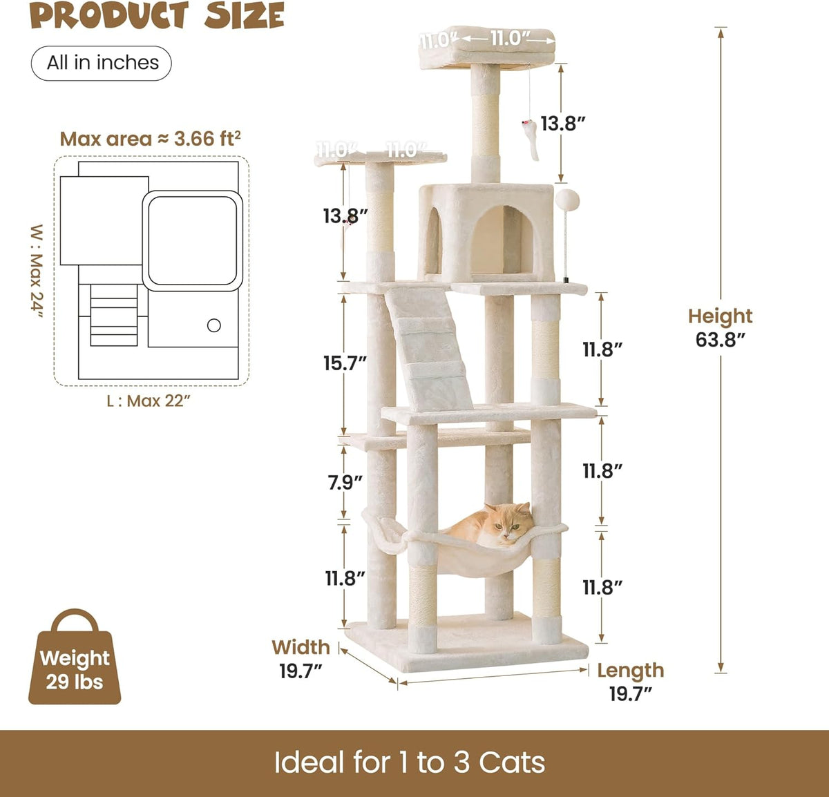 MWPO 63.8 inches Multi-Level Cat Tree for Large Cats with Sisal-Covered Scratching Posts, Padded