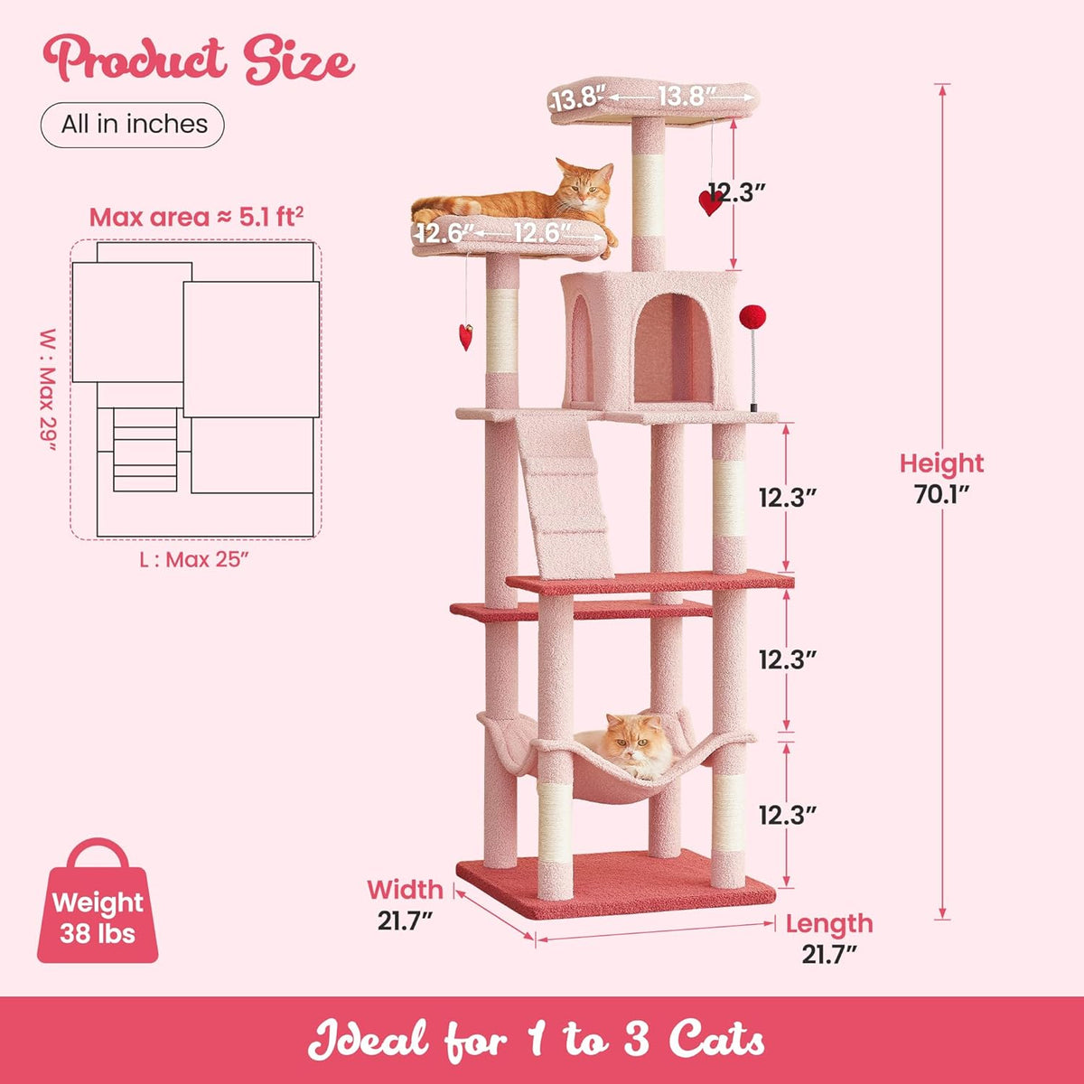 MWPO Cute Cat Tree, 70.1-Inch Tall Pink Cat Tower for Indoor Cats Large Adult, Multi-Level Cat