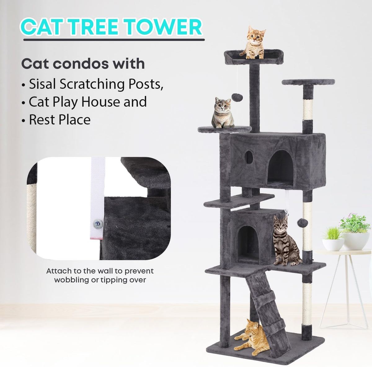 FDW Cat Tree 70in Cat Tower Multi-Level Durable Cat Scratching Post & Cozy Fun Cat Jumping Platform