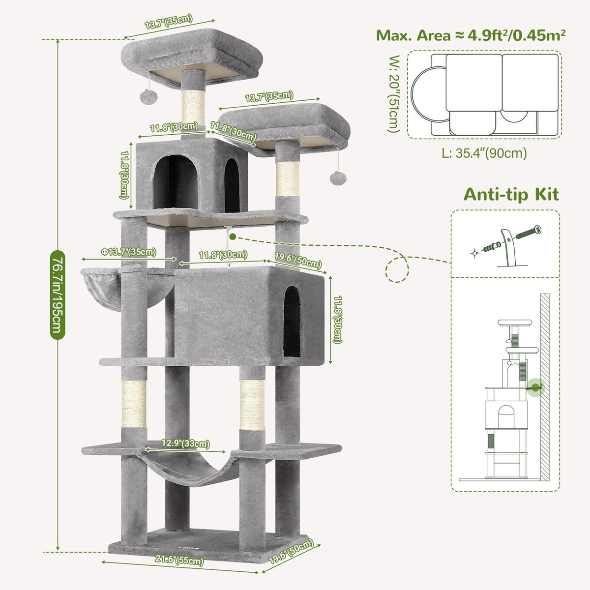 Globlazer Cat Tree Tower, 76-Inch Extra Tall Multi-Level Cat Furniture with Cozy Condos, Hammock