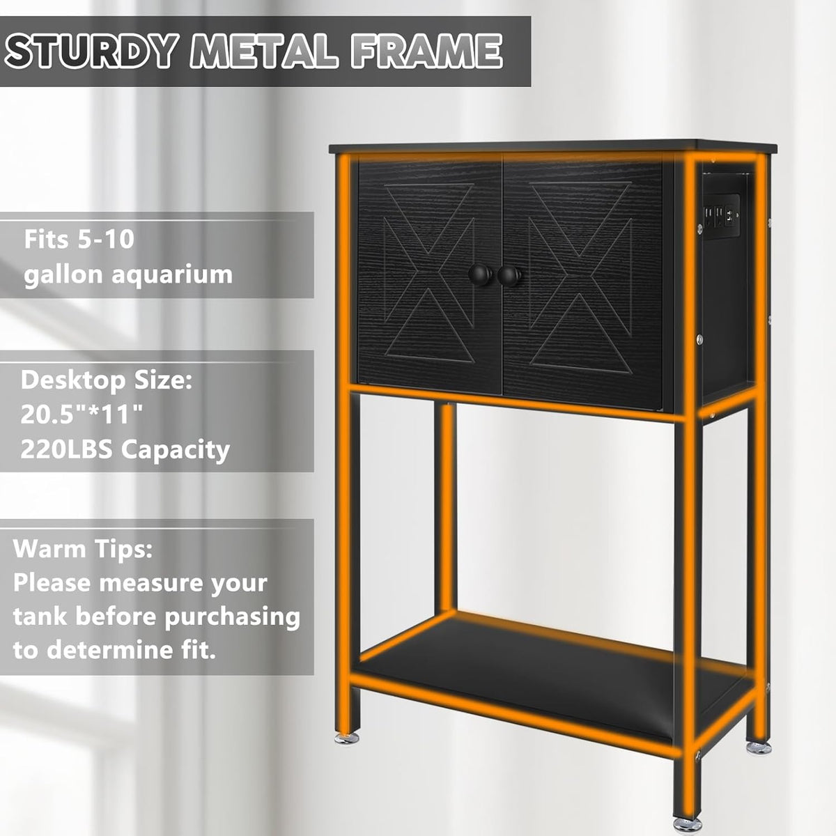 5-10 Gallon Fish Tank Stand, Heavy Duty Aquarium Stand with Cabinet & Power Outlets for Fish Tank