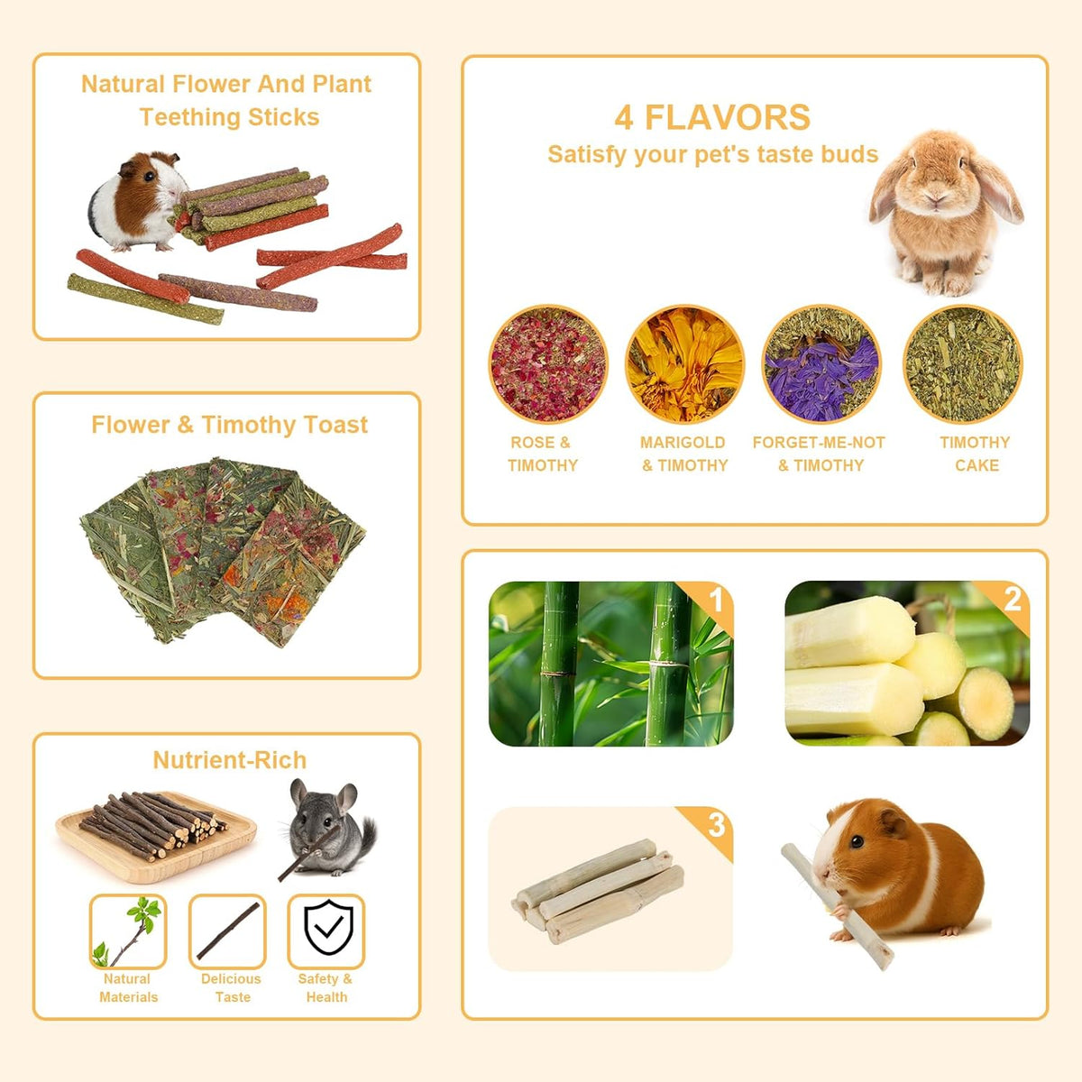 65PCS Rabbit Bunny Guinea Pig Chew Toys Treats, Chinchilla Hamster Chews Toys for Teeth, Timothy
