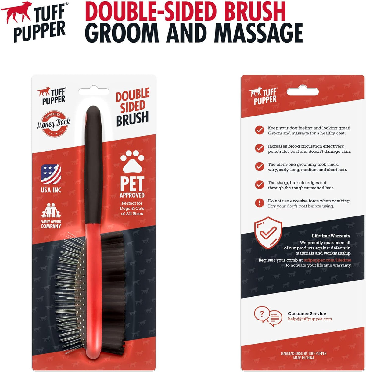 Tuff Pupper Double Sided Dog Brush, Detangling Tool for Dogs and Cats, Pin & Bristle Pet Brush, for