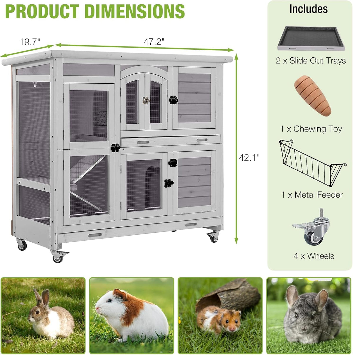 GUTINNEEN Large Rabbit Hutch Indoor with Chew-Proof Ramp, 47" Wooden Bunny Cage Guinea Pig Cages
