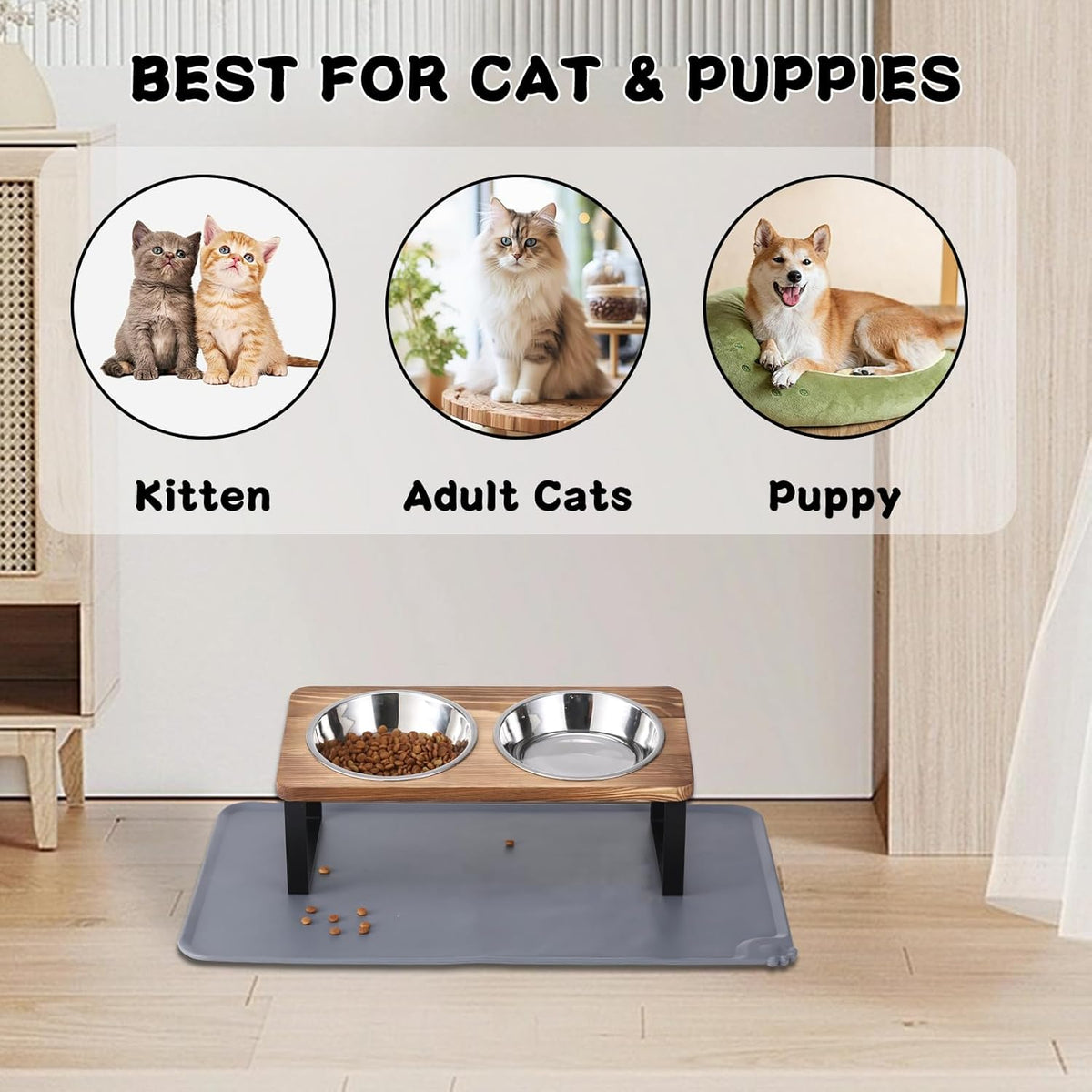 Upgraded Elevated Cat Bowls with Food Mat,15°Tilted Stand Anti Vomiting Raised Cat Dishes for Food