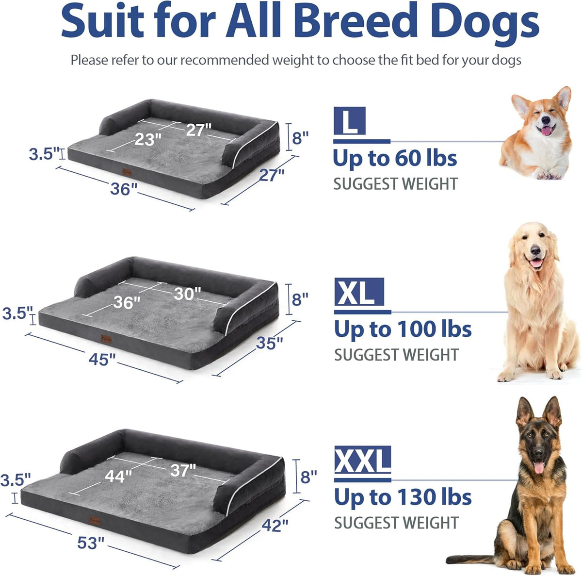 Orthopedic Dog Beds for Extra Large Dogs, Memory Foam Dog Couch Beds with Comfy Bolster, Waterproof