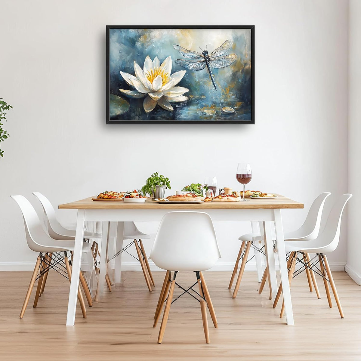 Extra Large Lotus Dragonfly Framed Wall Art for Living Room,Abstract Blue Lotus Flower Lake