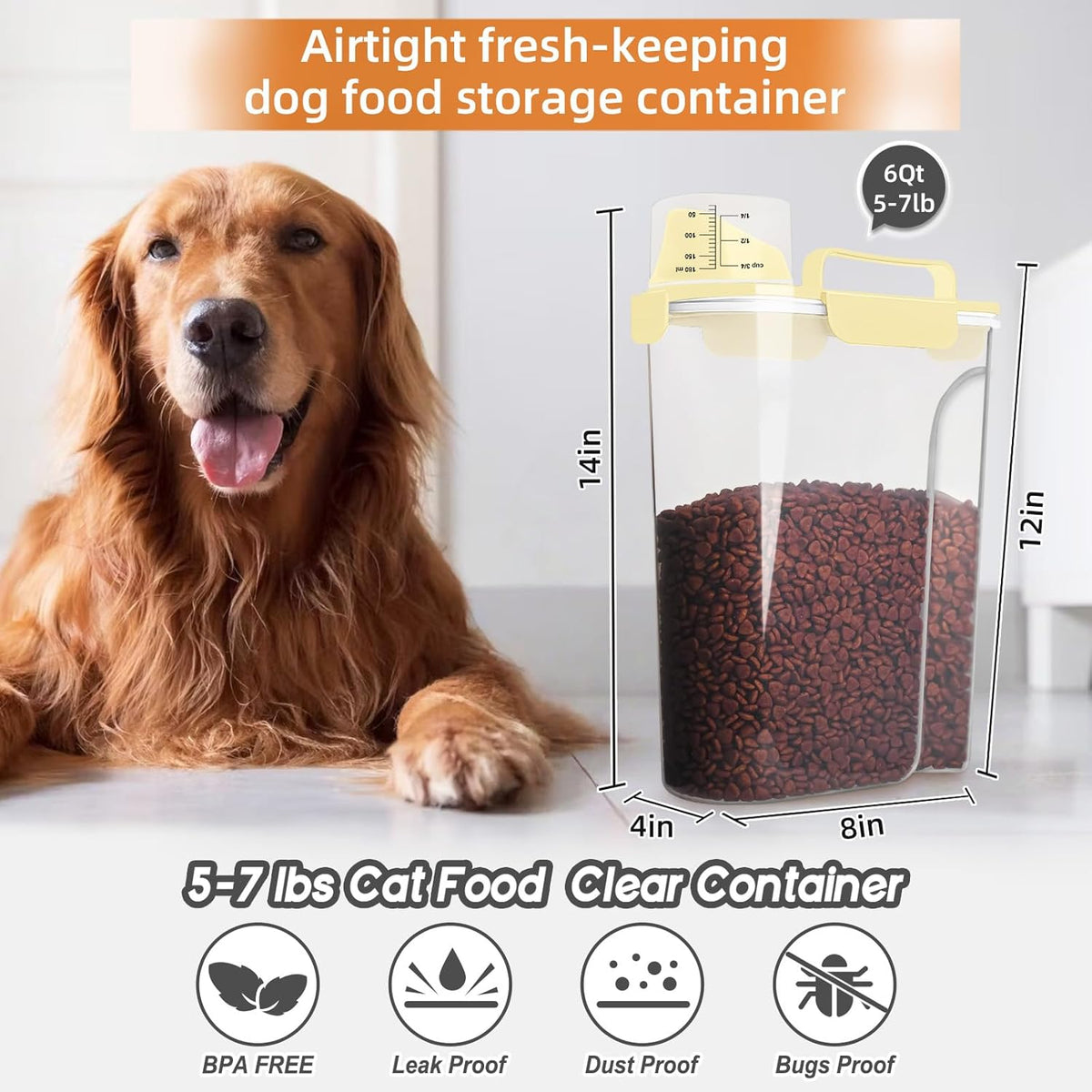 5-7Lbs Cat Dog Storage Container, Portable Pet Food Containers with Upgraded Large Spout and Cup