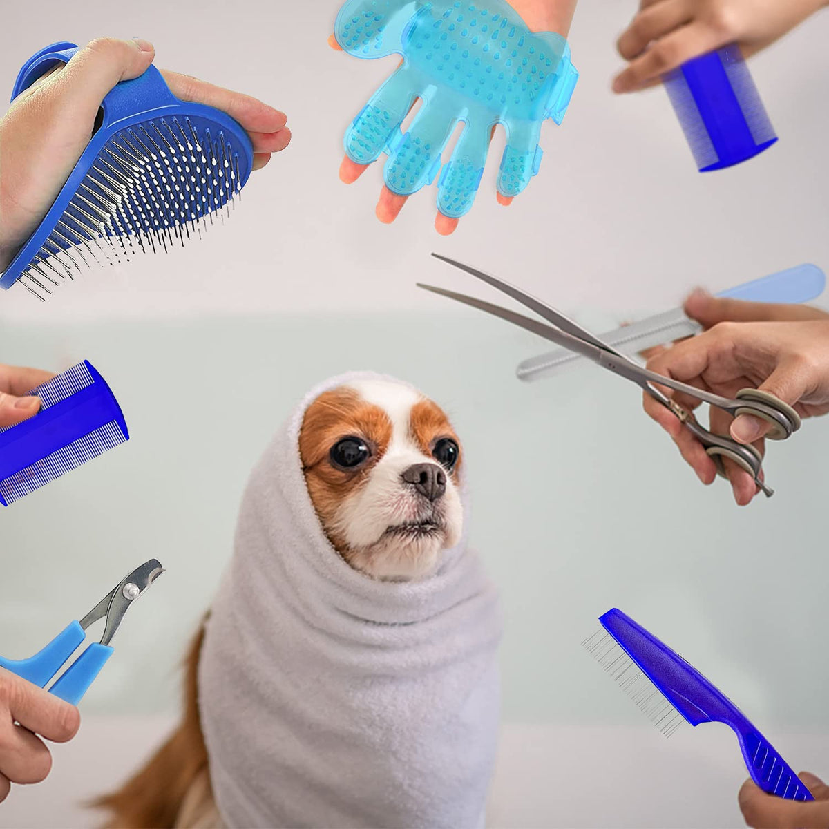 7-Piece Small Pet Grooming Kit with Brush, Nail Clippers, and Adjustable Strap for Rabbits