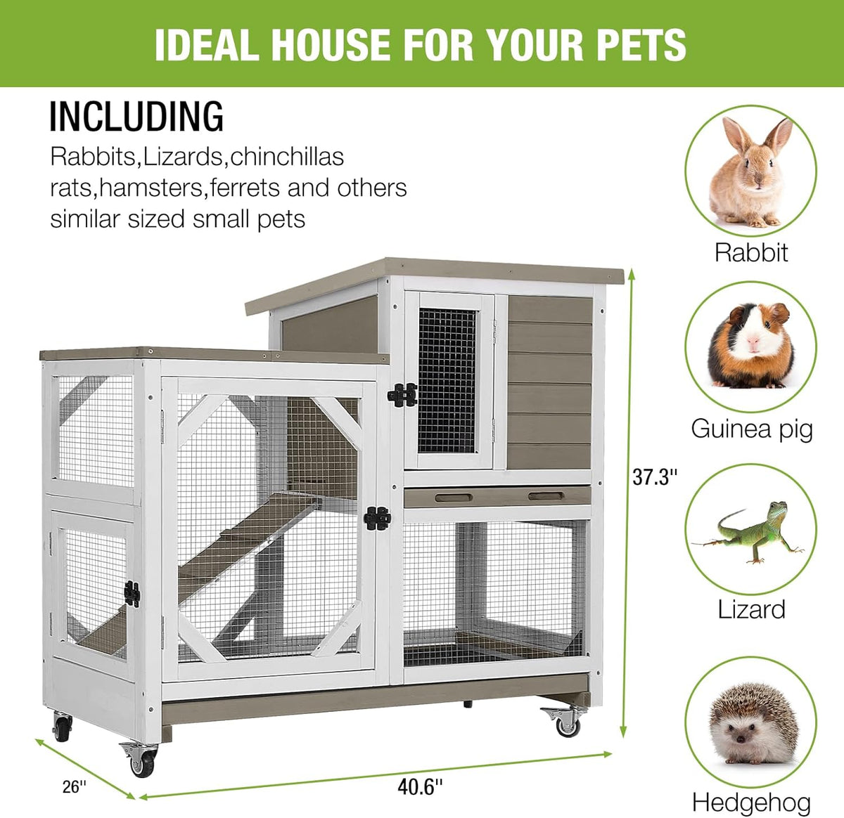GUTINNEEN Rabbit Hutch Indoor Mobile Bunny Cage with Run Wooden 2 Story Guinea Pig Cage Outdoor for
