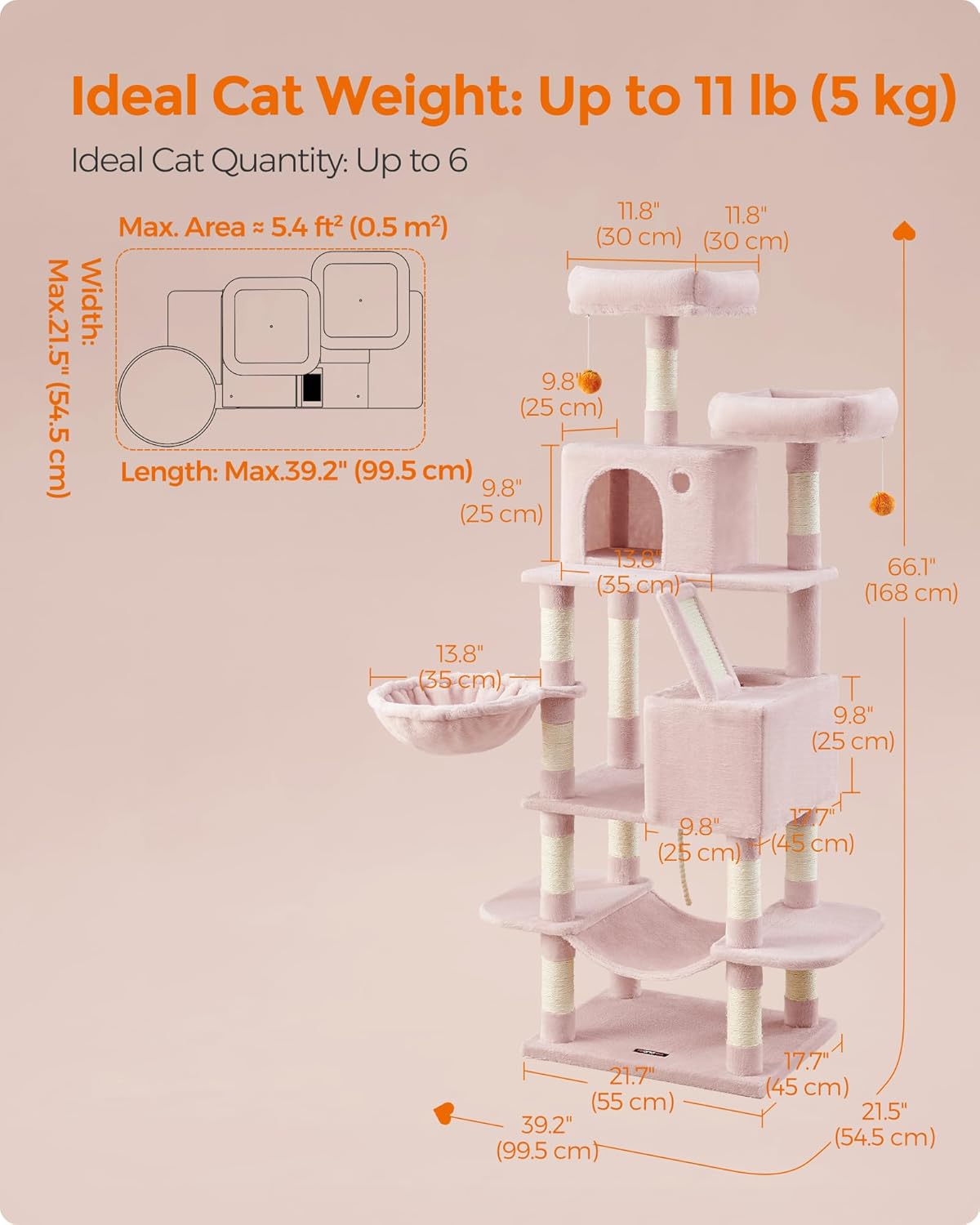 Feandrea Cat Tree, 66.1-Inch Large Cat Tower with 13 Scratching Posts, 2 Perches, 2 Caves, Basket