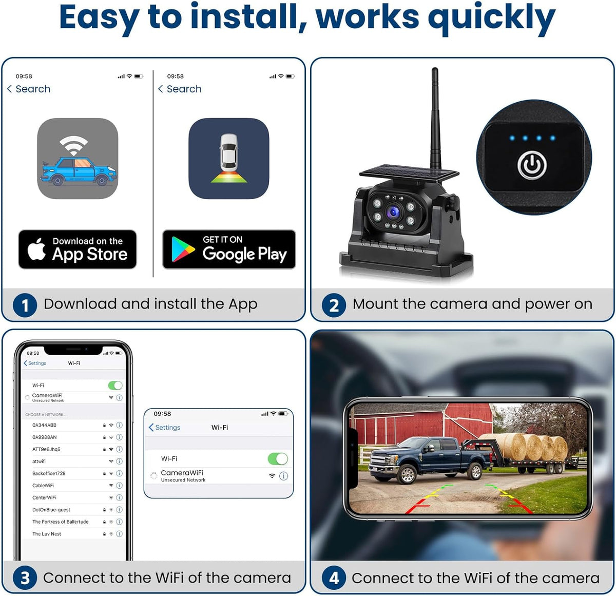Hikity Wireless Backup Camera Solar Magnetic WiFi, HD 1080P Rechargeable Rear View Camera for