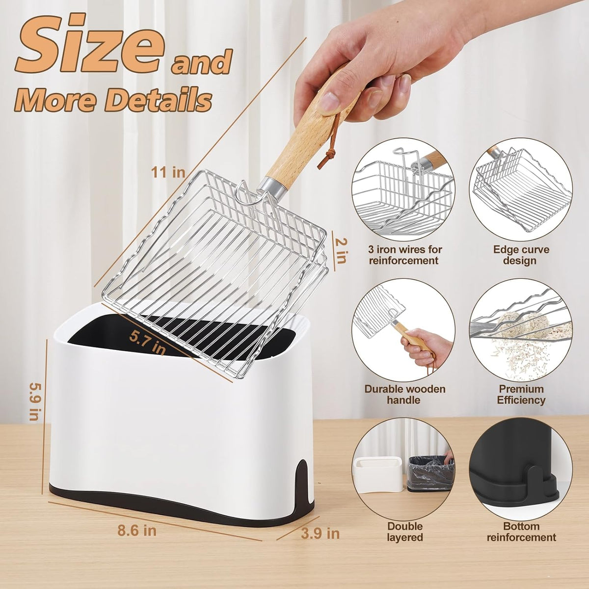 Metal Cat Litter Scoop with Holder, Poop Scooper with Stand&2 Rolls of Garbage Bag, Heavy Duty