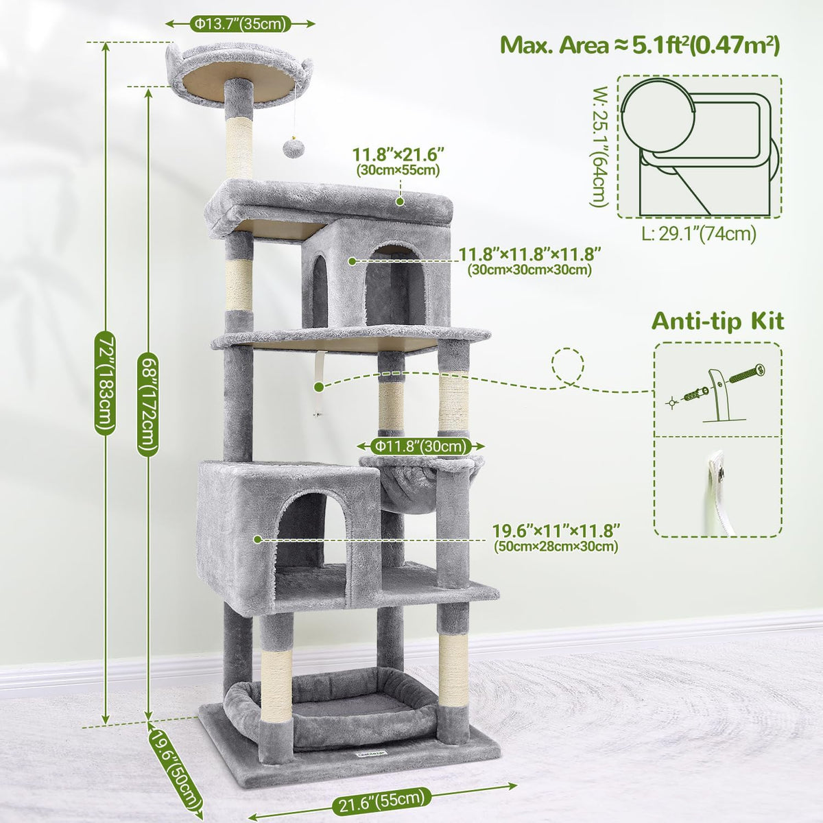 Globlazer Heavy Duty Cat Trees for Large Cats, Sturdy 72in Maine Coon Cat Tree for Large Cats 20