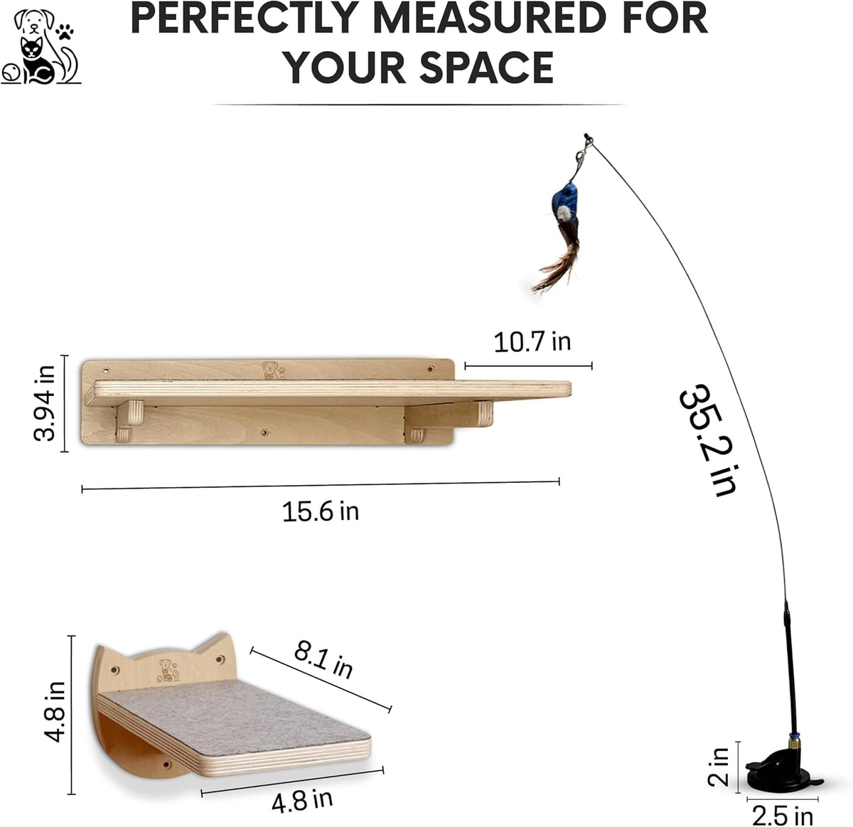 Snuggle & Play Cat Wall Shelves with Suction Cup Wand – 3 Mounted Steps, Climbing Wall Shelves and