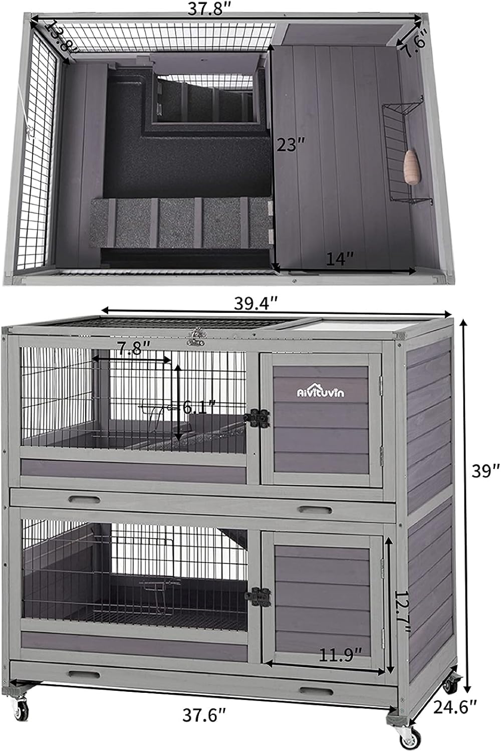 Rabbit Hutch Indoor Outdoor Bunny Hutch Pull Out Tray Guinea Pig Cage with Bottom Wire-Netting, On