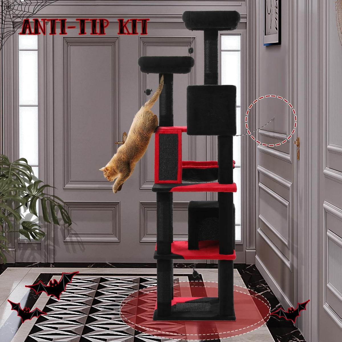 PAWZ Road 70 Inch Cat Tower, Gothic Cat Tree with 2 Cozy Condos, 2 Plush Perch, Large Basket, 2