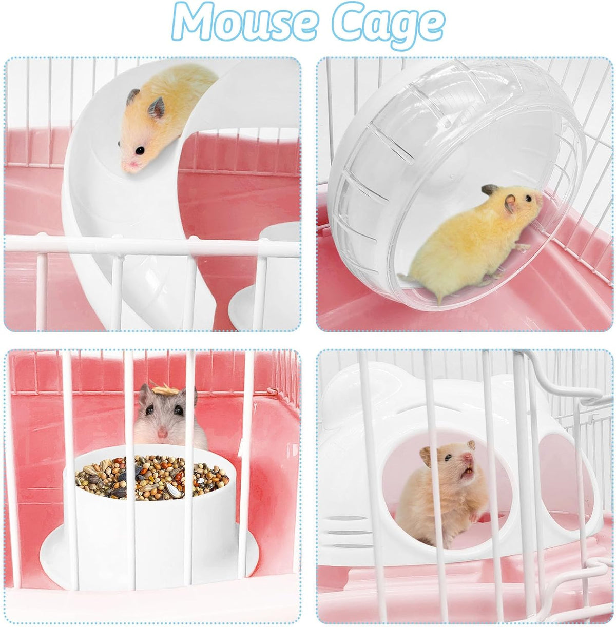 PINVNBY Dwarf Hamster Cage, Small Animal Cages, 2-Tier Travel Portable Mouse Cage Hamster Carrier