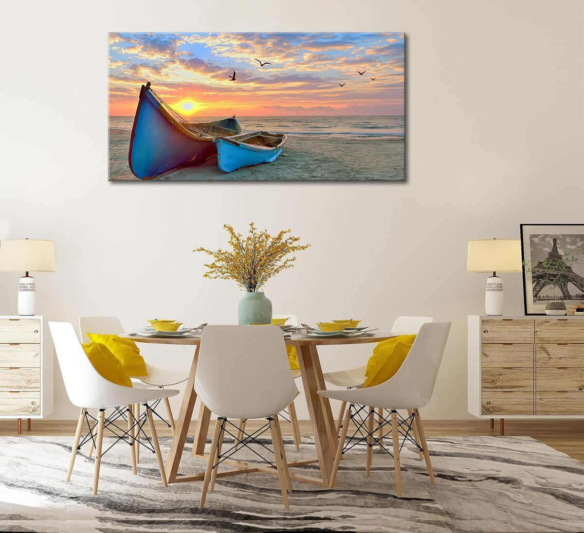 Ocean Sunset Canvas Wall Art for Living Room Sail Boat Framed Artwork Seascape Painting Coastal