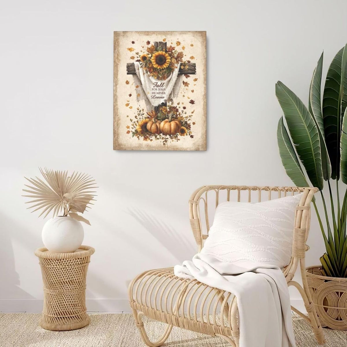 Christian Fall Wall Art Autumn Rustic Cross Sunflower Pumpkin Wall Decor Fall for Jesus He Never
