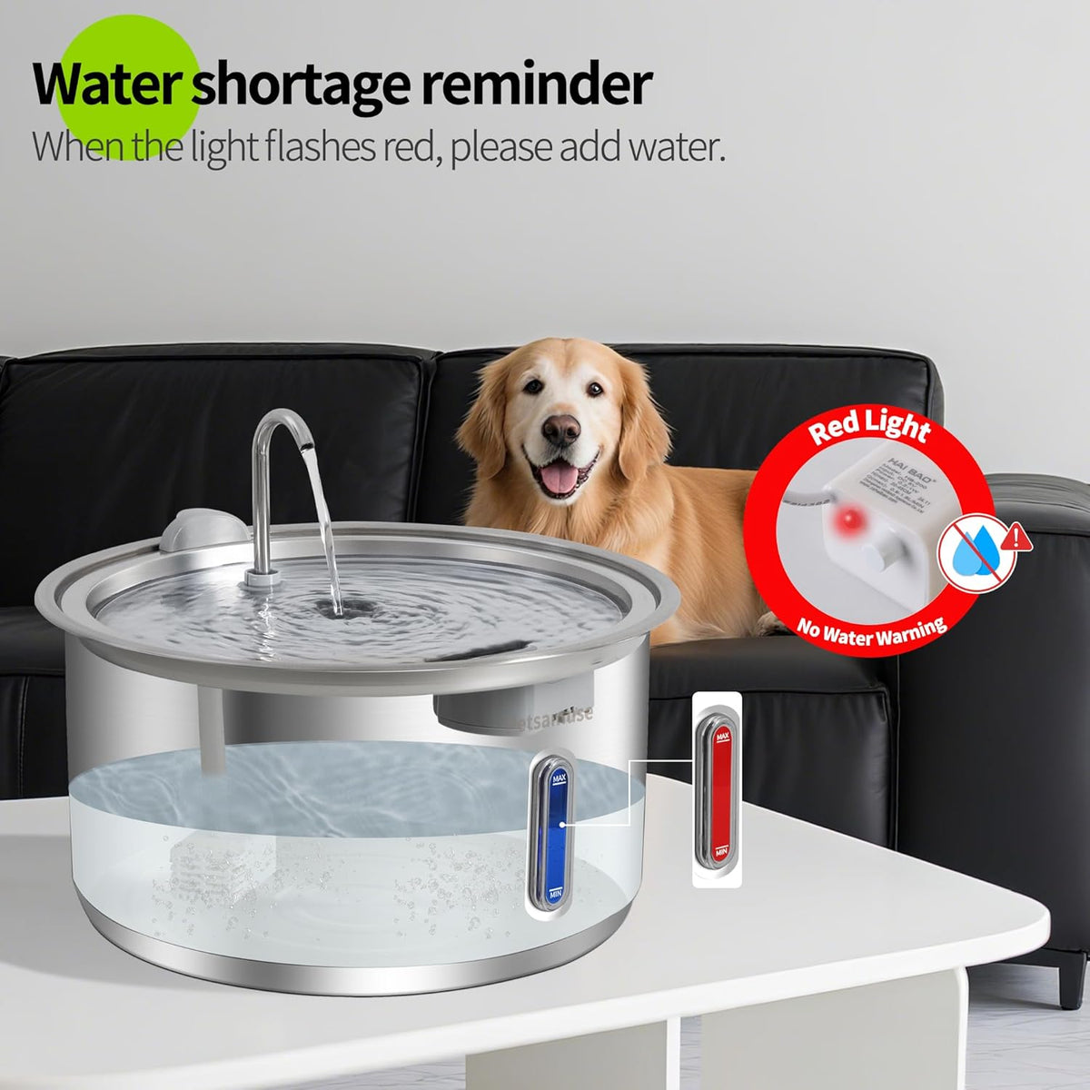 Large Dog Water Fountain, Petsamuse 11L/2.8Gal Automatic Circulating Stainless Steel Water Bowl