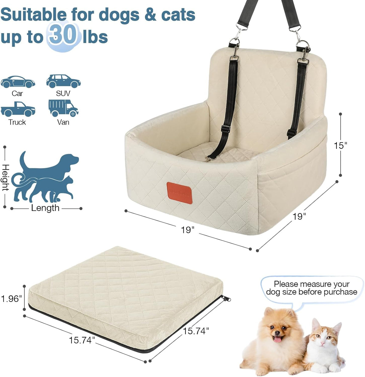 Dog Car Seat for Under 30lbs Dogs,Comfy Febric Fill in Memory Foam,Washable and Detachable Pet