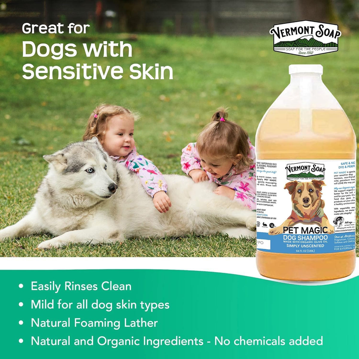 VERMONT SOAP Organics Pet Shampoo - Infused with Organic & Natural Olive Oil, Coconut & Aloe Vera