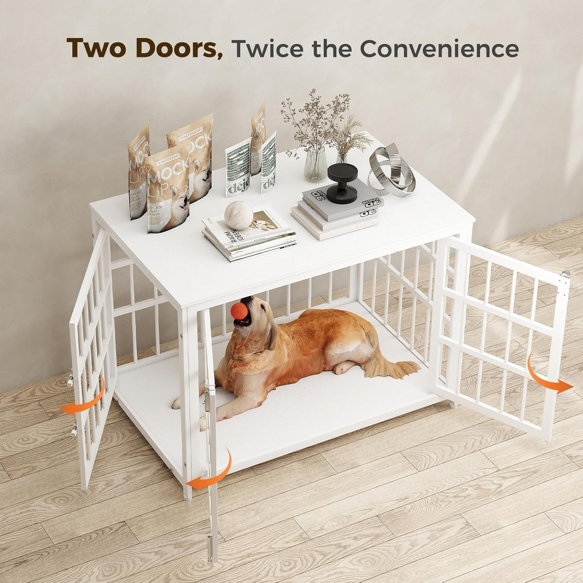38 Inch Heavy Duty Wooden Dog Kennel End Table with Double Door Design and Secure Locks, Indoor Pet
