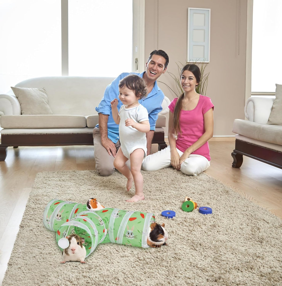 Rypet Guinea Pig Tunnel 3 Way Collapsible Small Pet Tunnels and Tubes with Interactive Ball for
