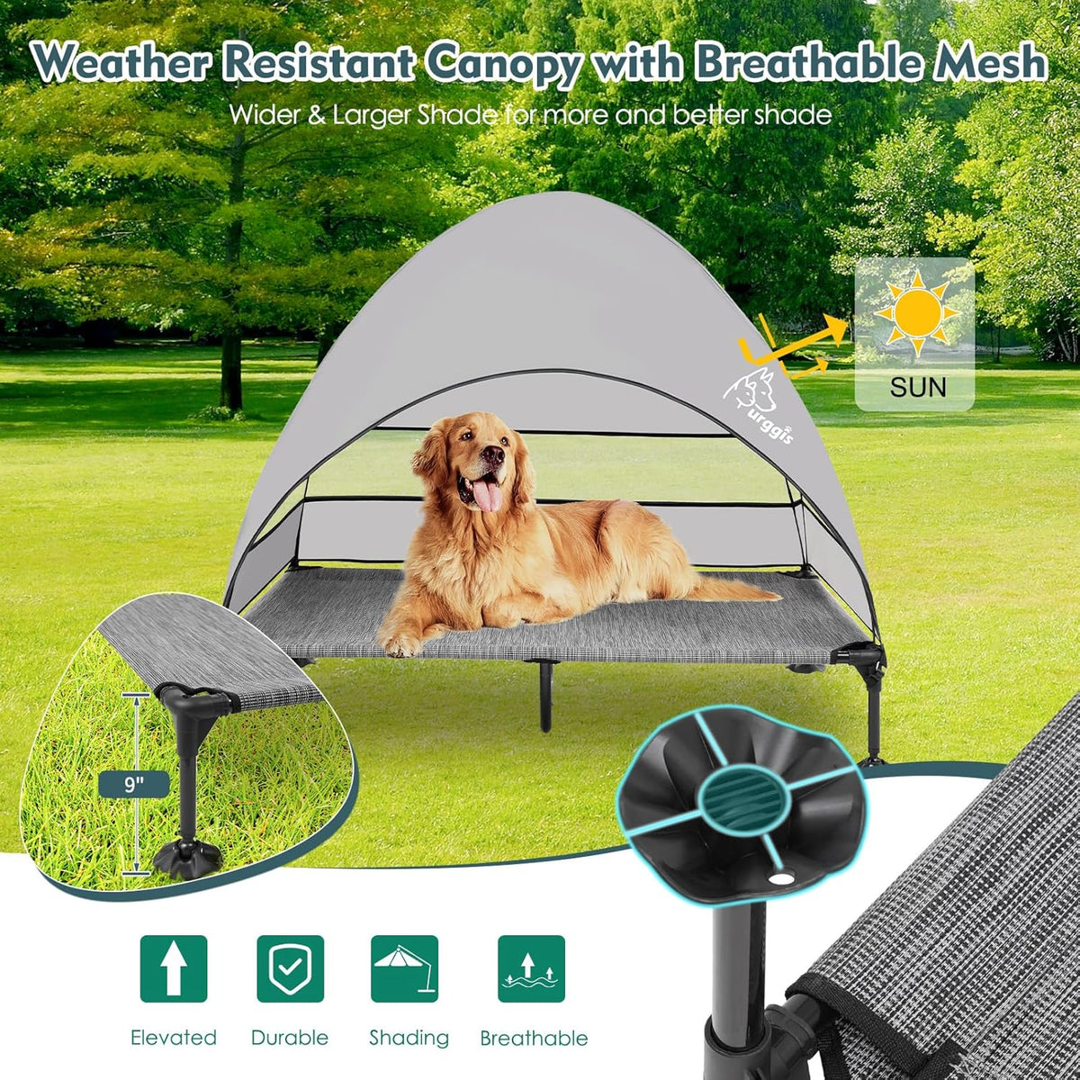 Upgraded Elevated Dog Bed with Canopy, Portable Raised Outdoor Dog Bed with Stable Anti-Slip Feet