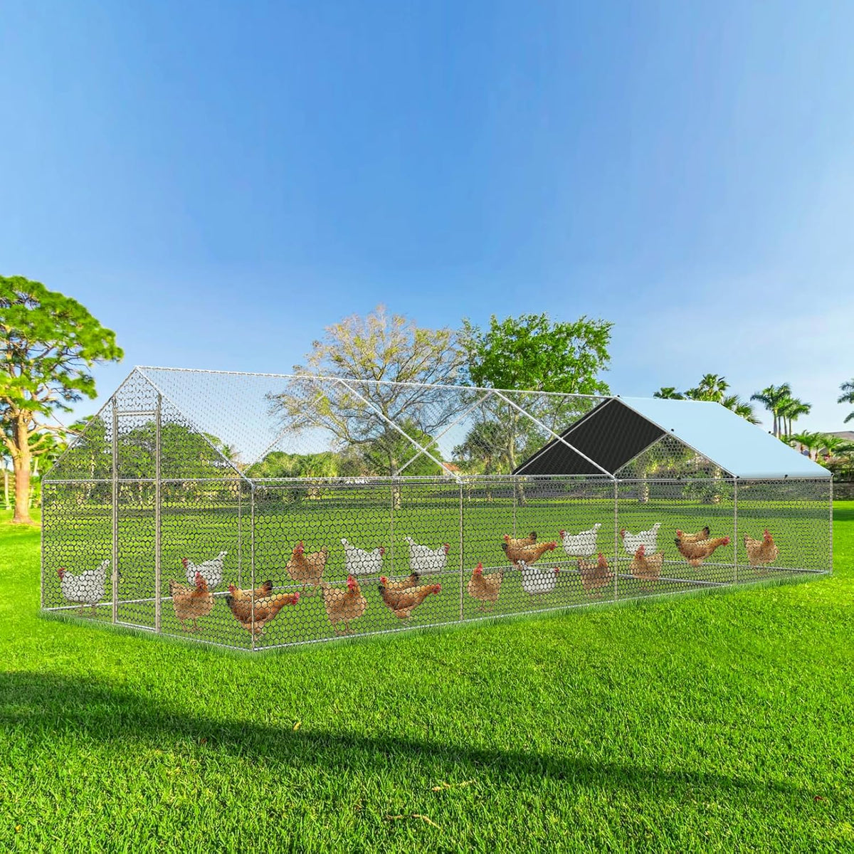 4ever2buy Large Metal Chicken Coop with Run Walk-in Poultry Cage Chicken Runs House Pen Cage Spire