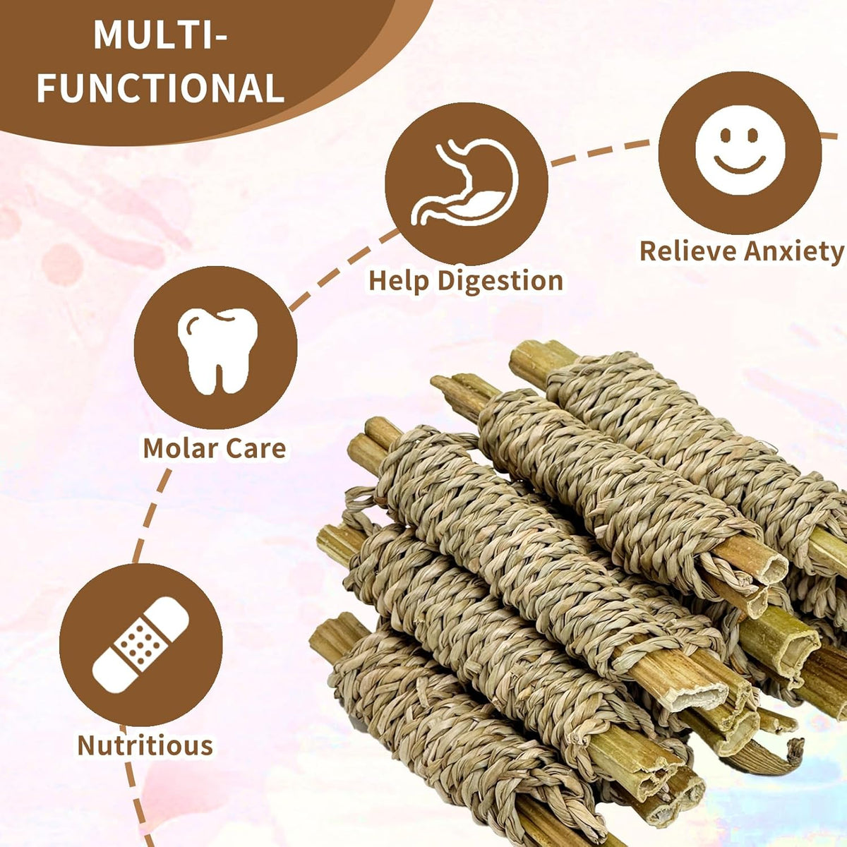 Fhiny 12 PCS Rabbit Chew Sticks, Natural Papaya Wood Seagrass Guinea Pig Chew Toys for Teeth Small