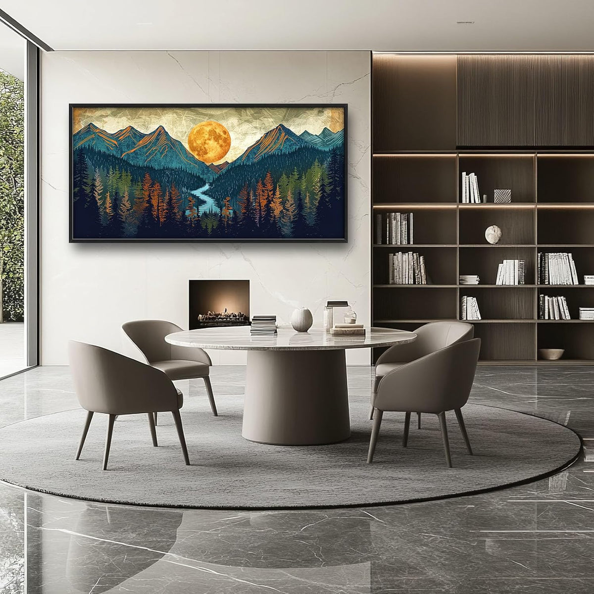 Quorin Boho Mountain Large Wall Art Mountain Landscape Pictures Moon Pine Tree Forest Lake Wall