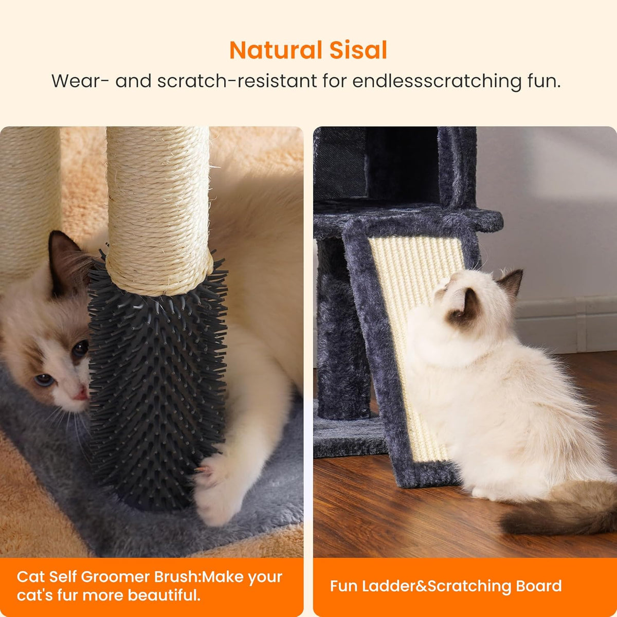 Heybly Cat Tree with Cat Self Groomer Brush, Cat Tower Condo for Indoor Cats with Padded Plush