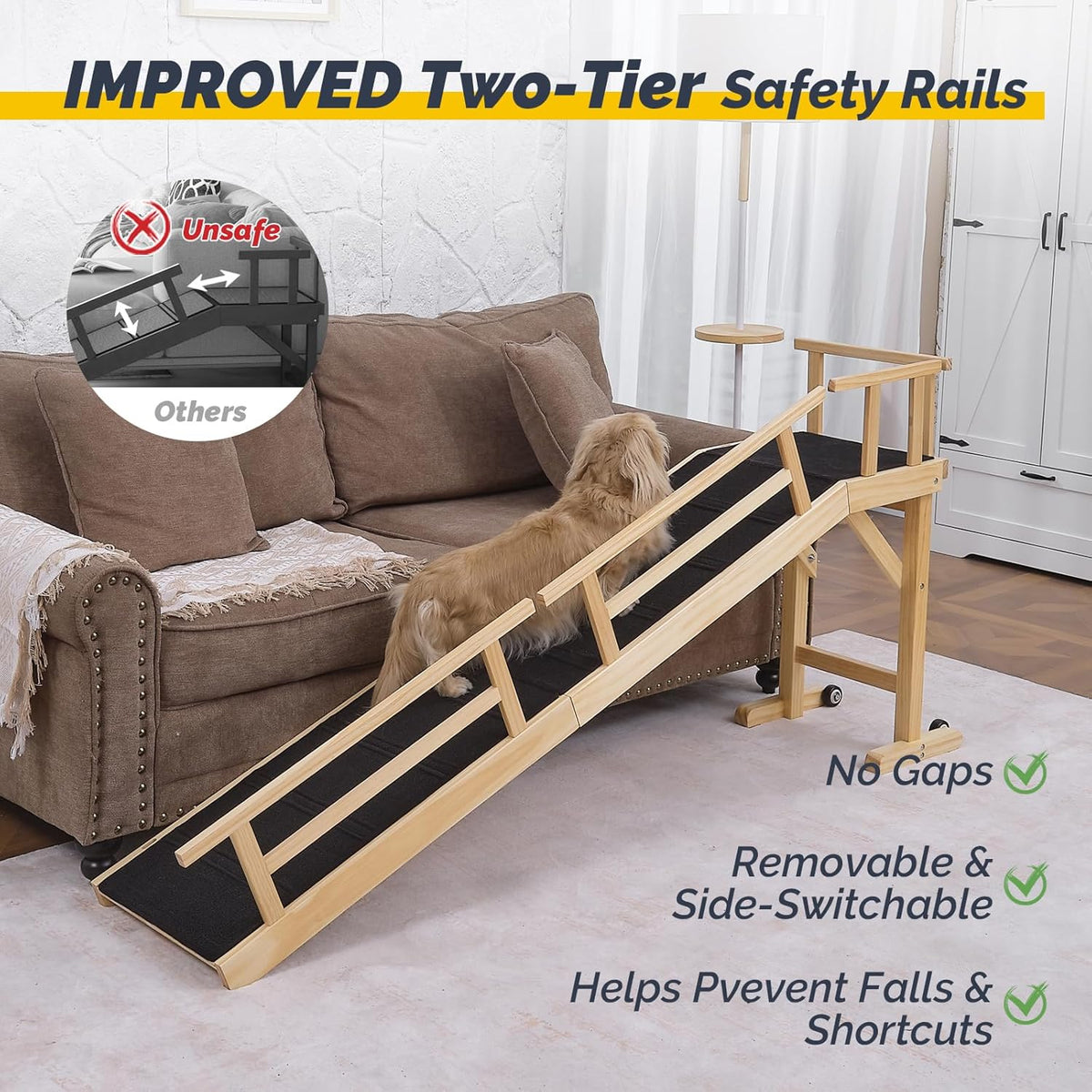 Dog Ramp for Bed or Couch, Wooden Pet Ramp with 20° Gentle Slope, Removable Side Rails, Non-Slip