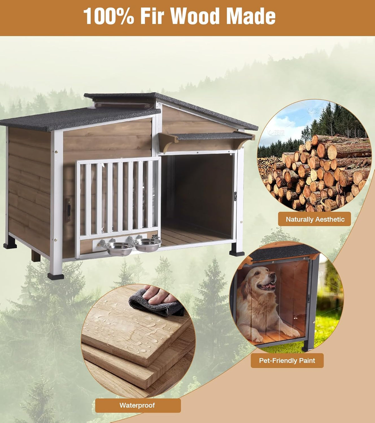 GUTINNEEN Dog House Outdoor with Anti-Chewing Metal Frame, Wooden Dog Kennel with 360° Rotating