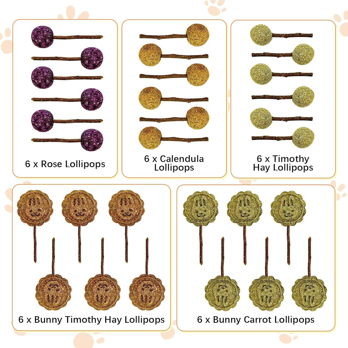 Fhiny Rabbit Chew Toys, 30 PCS Natural Bunny Lollipop Chew Sticks Handmade Guinea Pig Molar Treats
