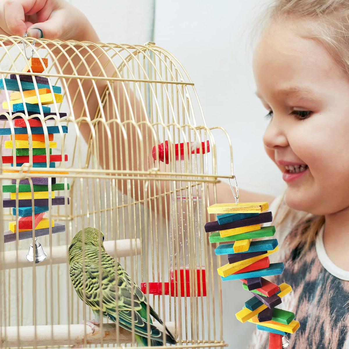 JaGely 4 Pcs Bird Parrot Toys with Multicolored Natural Wood Blocks, Bird Chew Toys for Large