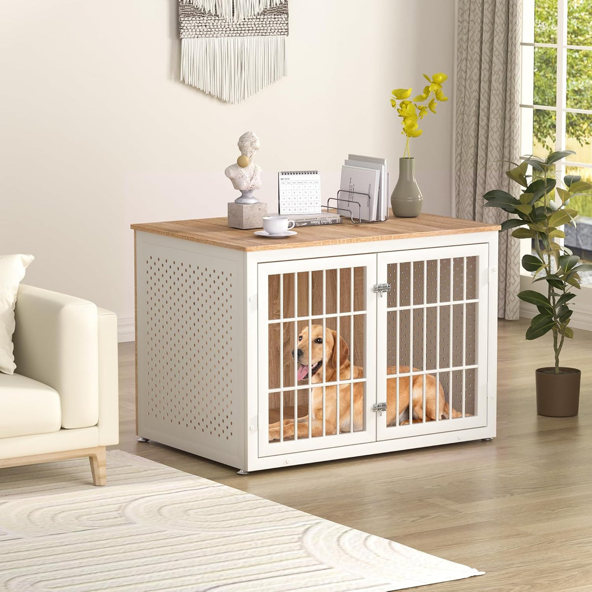 42" Heavy Duty Dog Crate Furniture for Large Dogs, Metal Kennel for High Anxiety Dogs, White Wooden