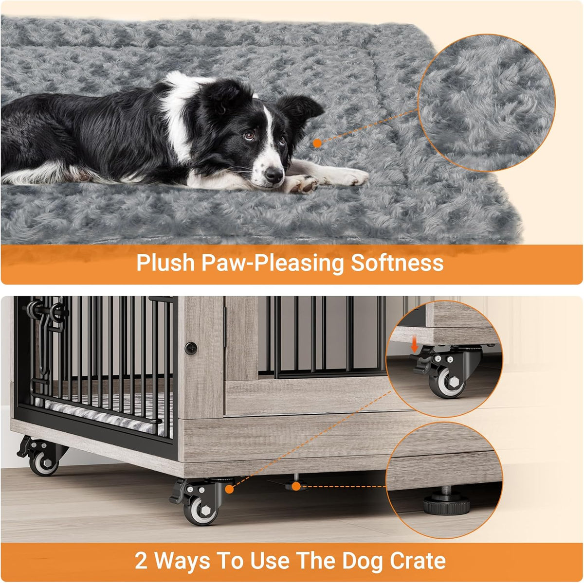 Lulive Dog Crate Furniture, XL Wooden Dog Kennel Indoor Double Doors Dog Cage, 44'' Heavy Duty Dog