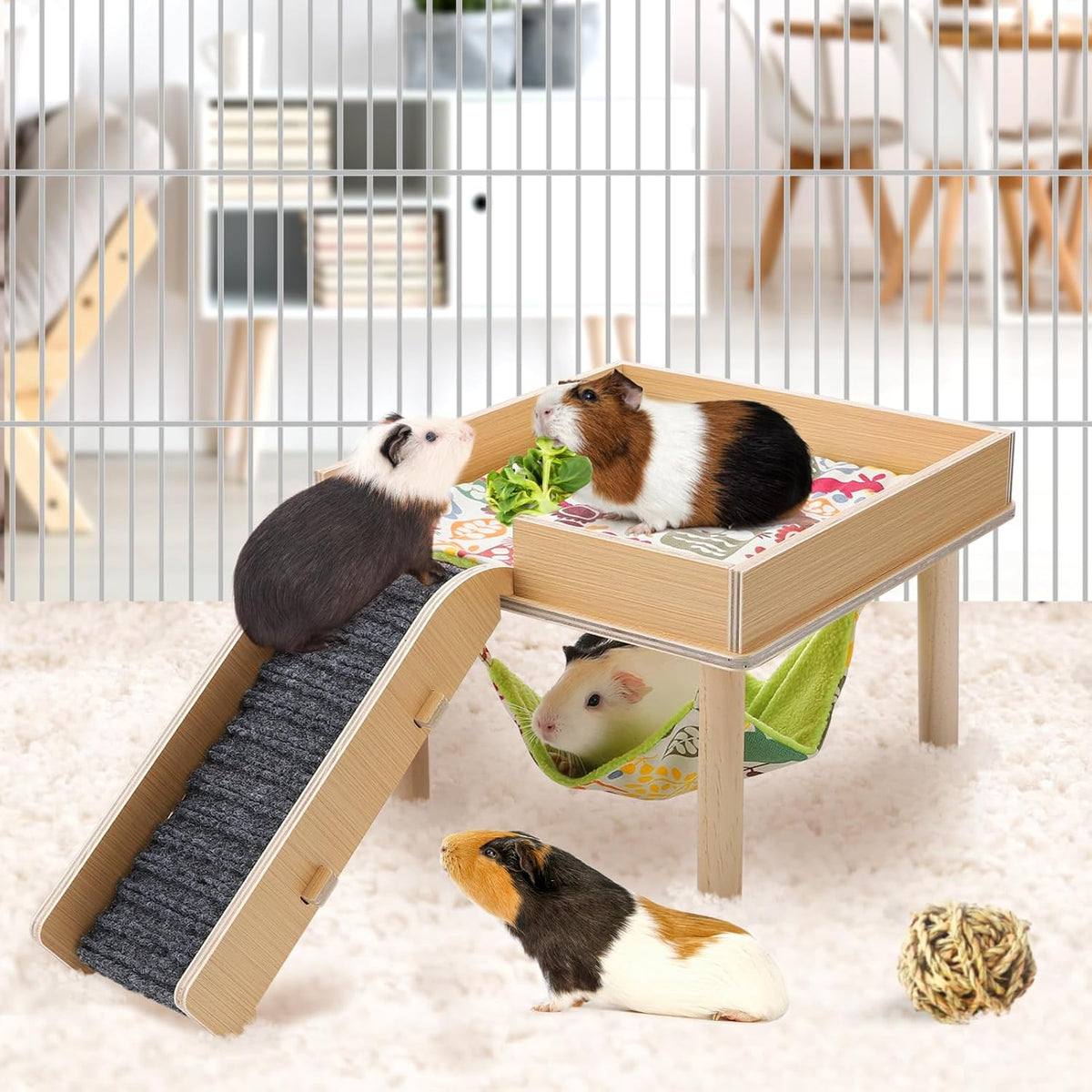 Guinea Pigs Hammock with Platform, Safe Wooden Guinea Pig Hideout with Stairs, Durable Small Pet