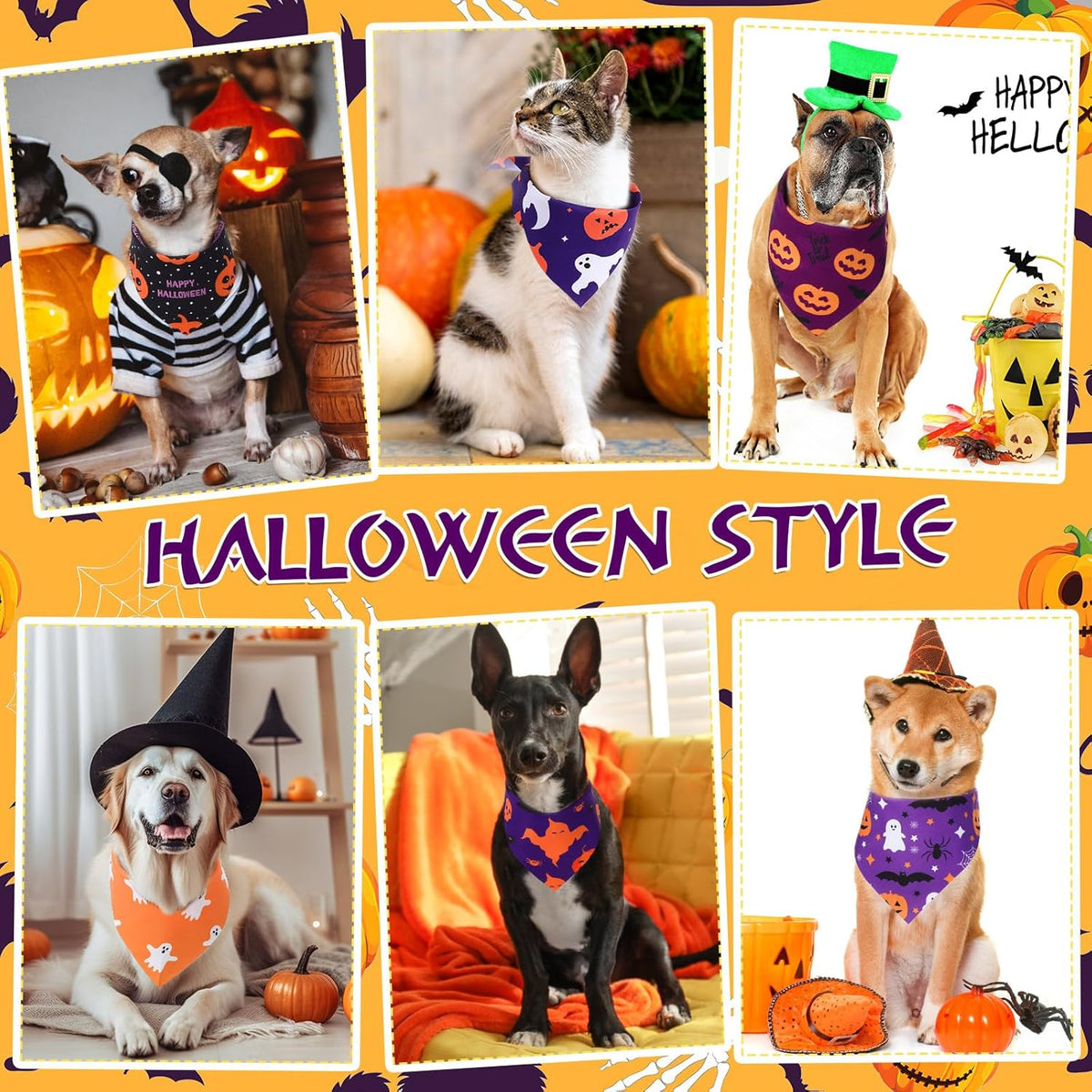 Abbylike 100 Pcs Halloween Dog Bandanas Bulk Pumpkin Bandanas for Dogs Triangle Kerchief Bibs Scarf