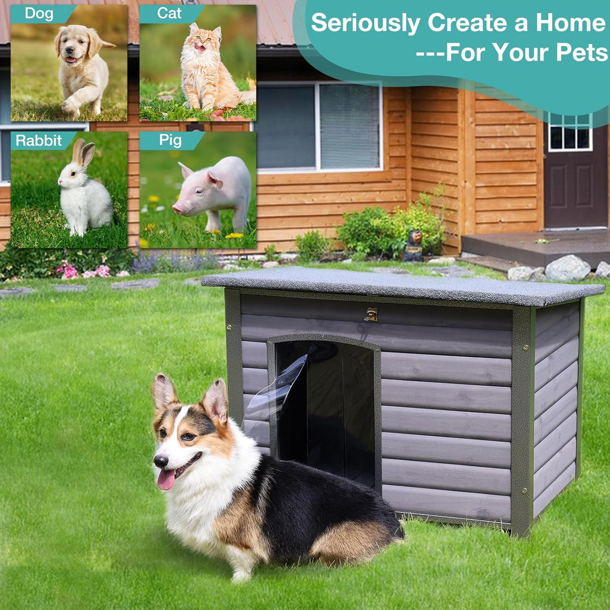 Indoor Outdoor Dog House,Anti-Chewing Iron Frame Dog Kennel,Wood Warm Pets Home,Weatherproof